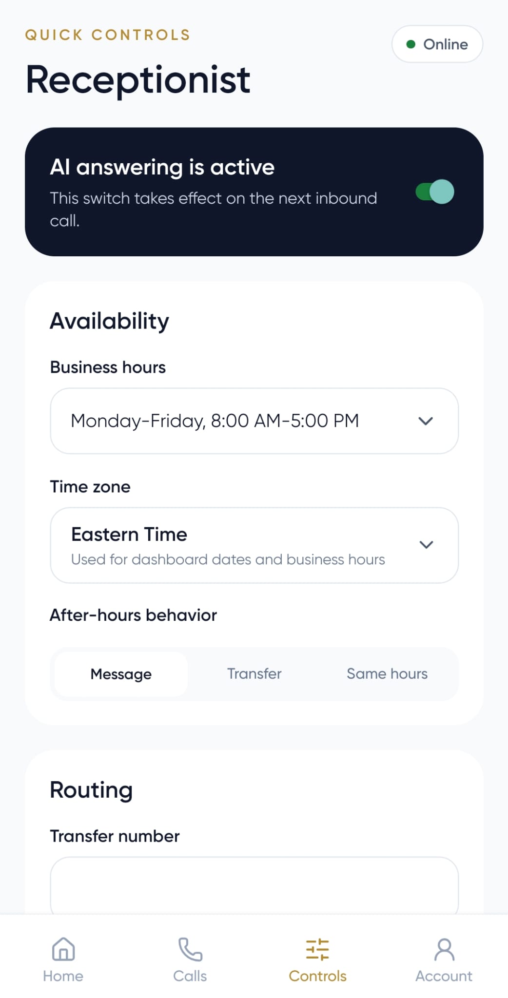 AI Office Assistant controls for availability, business hours, and routing