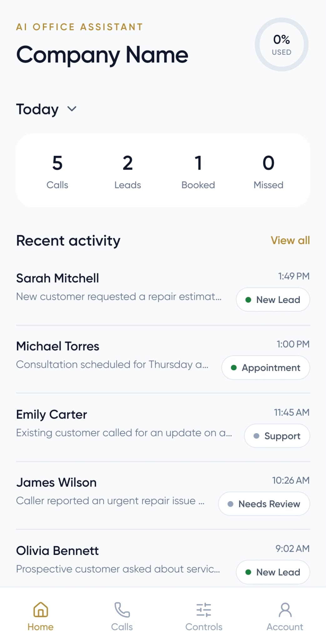 AI Office Assistant mobile dashboard showing calls and leads