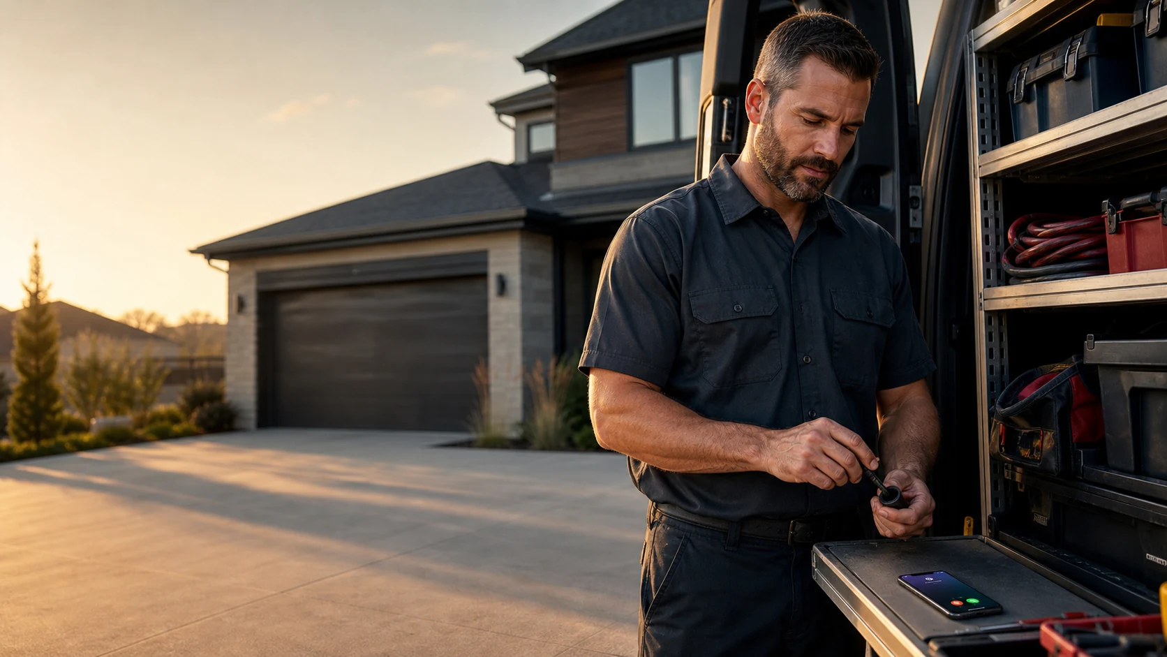 Home service professional reviewing an incoming business call between jobs
