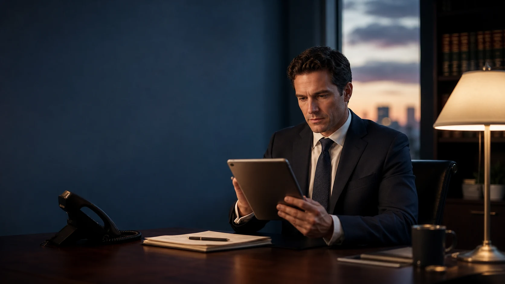 Attorney reviewing an after-hours client inquiry in a modern office