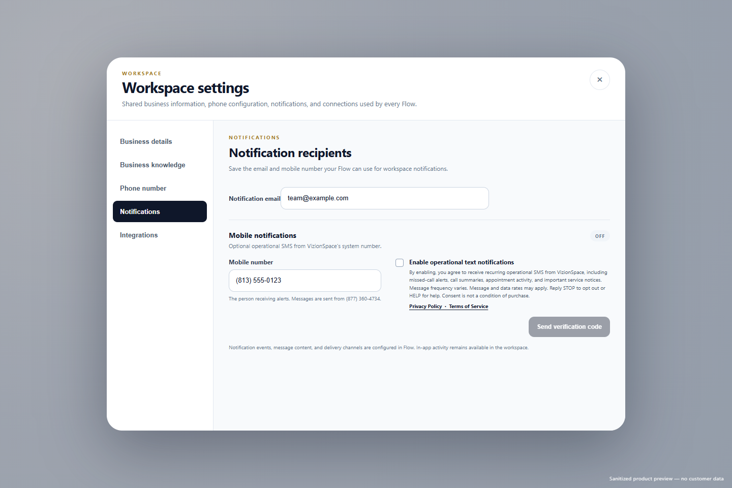AI Receptionist notification settings text-message consent screen