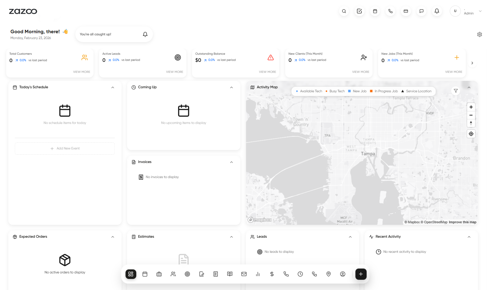 Zazoo CRM platform dashboard showing schedules, map activity, invoices, estimates, leads, and operations reporting